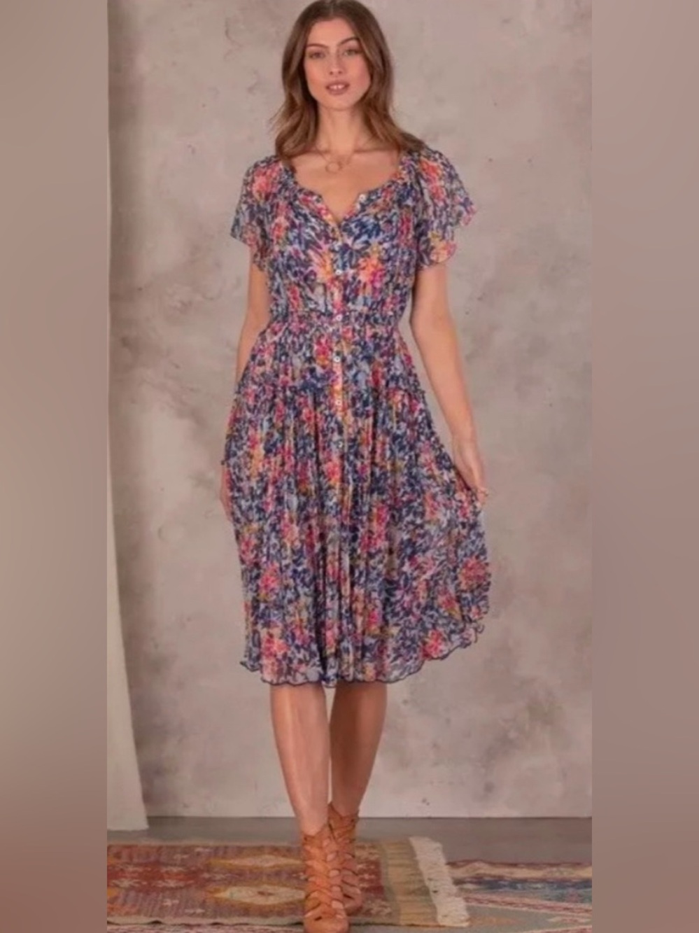 Sundance L Flutter Sleeve Knee Length Button Floral Dress Garden Party Travel - Picture 11 of 12